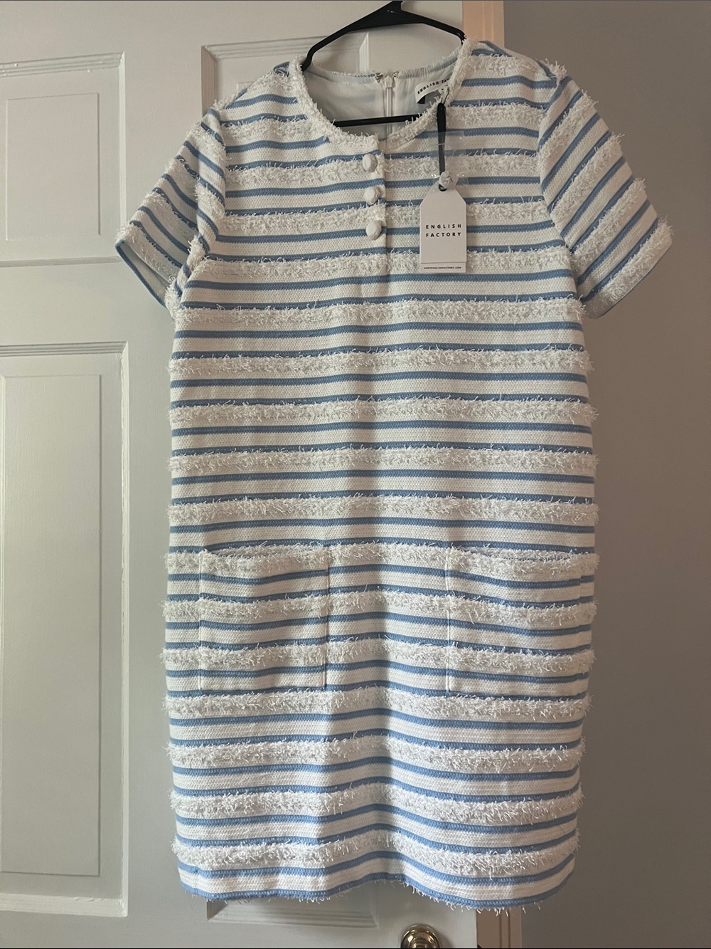 English Factory blue and white fringe detail dress 
NWT